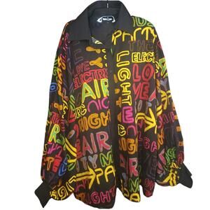 LIVE 4 TRUTH Electric Neon Graffiti Shirt Button‎ Up Blouson Bishop Sleeve sz. M